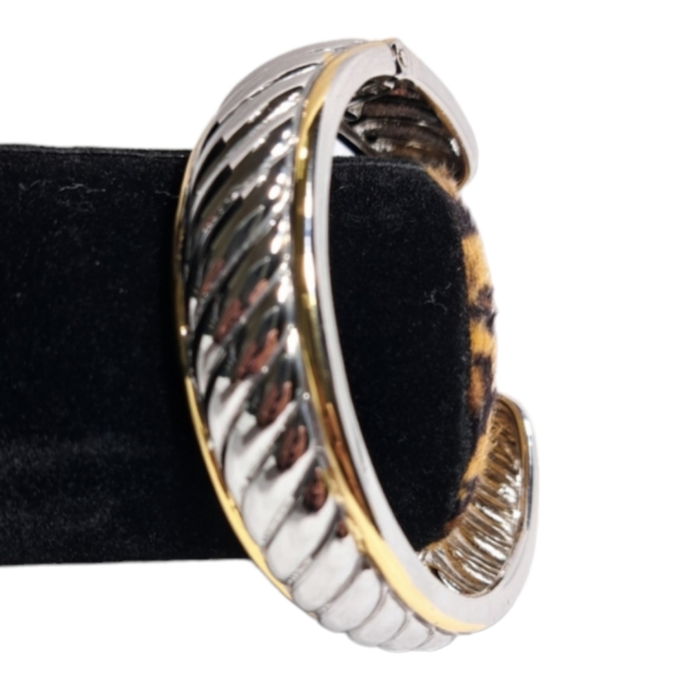 Silver & Gold Tone Style Cable Women's Open Cuff Bracelet - Picture 6 of 16